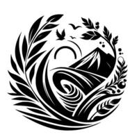 Black and white circular nature emblem featuring mountain, sun, waves, birds, and foliage elements in a minimalist style. vector