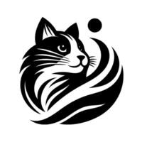 Stylized Monochrome Cat with Swirling Brushstroke Tail and Celestial Dot. vector