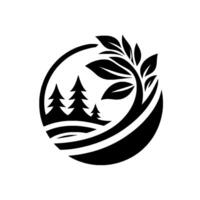 Circular minimalist emblem featuring stylized fir trees and leafy branches, evoking natures harmony. vector