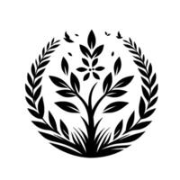 Elegant black and white botanical emblem featuring a stylized tree, floral elements, laurel wreath, and birds. vector