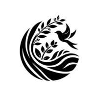 Black and White Circular Design A flying bird with leaf details, foliage and waves forming a harmonious composition. vector