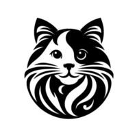 A stylized, symmetrical black and white illustration of a cats face with a unique, flowing beardlike design, set against a plain white background. vector