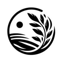 YinYang stylized black and white landscape of a sun, fields, and a leafy branch, within a circle. vector
