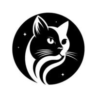 YinYang Cat Silhouette on a Black Circle with Stars Artistic Black and White Portrait of a Feline for Branding, or Mystical Theme vector