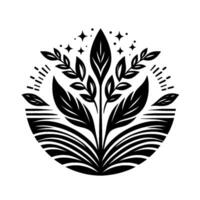 Elegant, stylized, black and white illustration of a plant with large leaves and delicate branches, framed within a circle, with star accents. vector