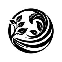 Intricate Black and White Circular Emblem Featuring a Branch with Leaves, Stylized Waves, and a Modern Design. vector