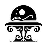 Stylized Black and White Emblem Crescent Moon, Stars, Waves, and an Ornate Decorative Structure with Abstract Elements. vector