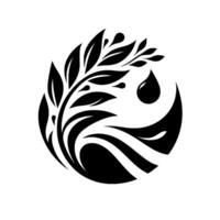 A minimalist black and white emblem featuring a stylized plant with leaves and water droplet, enclosed within a circular shape for natural element representation. vector