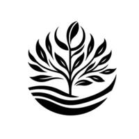 Black and White Circular Featuring a Stylized Tree with Leaves, Symbolizing Growth and Nature, Against a White Background. vector