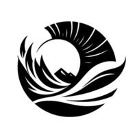 Black and white minimalist logo stylized ocean waves, a mountain range, and radiating sun or light, contained within a circular design. vector