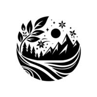 Black and white nature of a mountain landscape enclosed in a circle featuring trees, leaves, flowers, a moon, and stars. vector