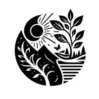 A stylized, circular illustration of a mountain landscape with flora and fauna moon, sun, trees, butterfly, and a sense of balance and natural harmony. vector