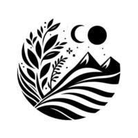 Black and White Circular Illustration Mountains under Crescent Moon Sun, with Botanicals and Flowing Lines, Natural Serenity. vector