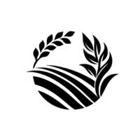 Monochromatic Farming Emblem Circular with stylized fields, crops, and leaves, evoking agriculture and natures bounty, isolated on white. vector