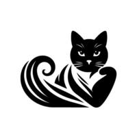 Black and White Strong Cat Logo Muscled Feline, Curly Tail, Grumpy Expression, Minimalist Design, White Background. vector