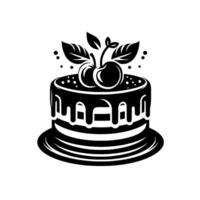 Black and White Illustration of a Tiered Cake with Drizzled Frosting, Cherries, and Leafy Sprig on Top, Served on a Circular Plate. vector