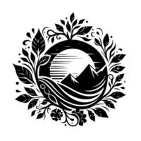 Black and White NatureThemed Circular Illustration with Mountains, Sun, Water, and Botanical Elements. vector