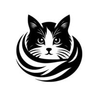 Minimalist Black and White Cat Logo A stylish cat face encircled by flowing, curved lines, creating a modern, elegant design. vector