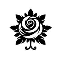 Intricate Black and White Rose Emblem with Symmetrical Leaf Arrangement, Floral Ornament on Plain White Background vector