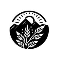 Black and white circular featuring mountains, a stylized sunburst, and botanical elements evoking natures serenity. vector