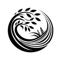 Abstract black and white circular logo, featuring a stylized tree with leaves and curved lines, symbolizing nature. vector