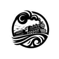 A stylized, monochromatic illustration of a steam train traversing wavelike rails within a circular frame, exuding classic transport charm. vector