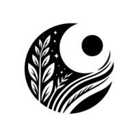 YinYang Symbol Crescent Moon, Stars, Sun, Plants, and flowing lines in a harmonious composition vector