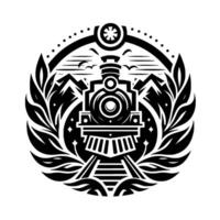 A stylized black and white circular emblem depicting a locomotive, mountains, foliage, and celestial elements, creating a nostalgic, travelthemed design. vector