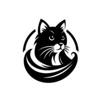 Black Cat Silhouette Logo, Curled Tail, Within Circle, Stylish, Minimalist Design, Alert Eyes, Whiskers, Simple. vector