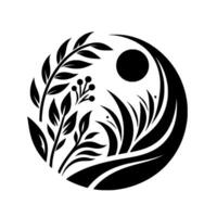 A stylized black and white botanical illustration within a circular frame, depicting leaves, berries, and grass alongside a dark sun. vector