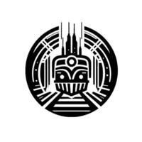 Stylized Black and White Train and Cityscape Emblem within a Circular Frame, Illustrative vector
