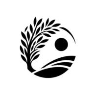 Monochromatic YinYang features a tree with a full canopy on the left side and a sun setting over rolling hills on the right, creating a sense of harmony and balance. vector