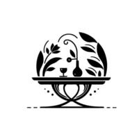 Minimalist Black and White Illustration of a Table with Floral Arrangement, Wine Glass, and Vase in Circular Frame. vector