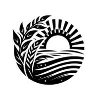Stylized blackandwhite illustration of a circular farm scene with a sun, wheat, leaves, and fields. vector