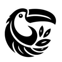 Stylized Black and White Illustration of a Toucan Bird with a Large Beak, Surrounded by LeafLike Elements, Minimalist Design. vector