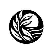 Minimalist circular monochrome featuring a stylized tree branch with leaves set against a white background with stylized moon and waves. vector