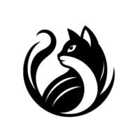 Minimalist Black Cat in Circular Composition, Serene Pose, Tail Curl Design, White Accents on a Clean Background. vector
