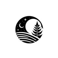 Stylized monochrome circular nature illustration featuring a crescent moon, stars, coniferous tree, and rolling hills, evoking a tranquil night scene. vector