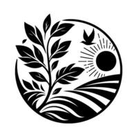 Serene Black and White Circular Illustration of a Tree, Sun, Flying Bird, and Rolling Fields Symbolizing Growth and Nature. vector