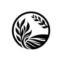 Black and White Minimalist Logo Circular Composition with Leafy Branches, Field, and Wheat Symbolizing Nature, Ecology, and Agriculture. vector