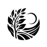 Black and white circular with stylized tree and leaves, crescent moon, and rolling hills, symbolizing growth and nature. vector