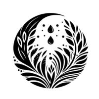 Circular black and white natureinspired illustration featuring stylized leaves, teardrops, and dots, creating a balanced, elegant design. vector