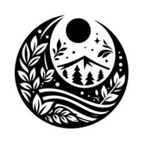 Monochromatic, Circular Emblem Mountainscape with Pine Trees, Crescent Moon, Foliage, and Stars, evoking serenity. vector