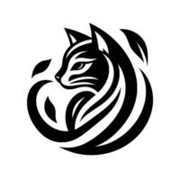 Elegant, minimalist black and white illustration of a stylized cat in a curled pose, incorporating leaves, suitable for branding. vector