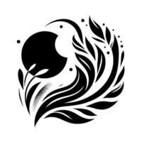 Abstract Black and White Design Lunar Shape, Botanical Elements, and Decorative Swirls on White Background vector