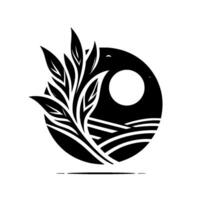 Black and White Emblem of a Leafy Plant Overlooking a Field with a Sun and Crescent Moon inside a Circle, Minimalist Design. vector