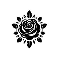 Intricate Black and White Rose Emblem with surrounding leaves, minimalist design, art for brand identity. vector