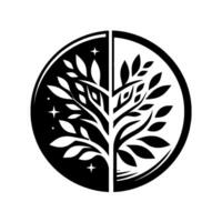 YinYang Tree of Life A stylized symmetrical illustration split between night and day, within a circular frame, showcasing contrasting elements. vector