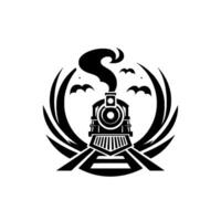 Vintage Steam Locomotive with Smoke, Bats, and a Stylized Frame on Rails, a monochrome emblem. vector