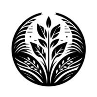 Black and White Circular Featuring a Stylized Plant with Leaves and Wheat Sprigs, Enclosed Within an Ornamental Ring. vector